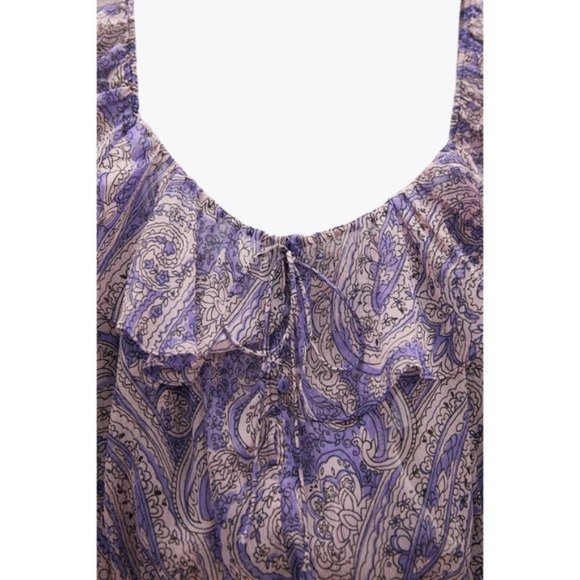 ZARA Purple NWT Cropped Sheer Blouse Top LARGE Boho Indie Floral Mauve Ruffle - Picture 5 of 9